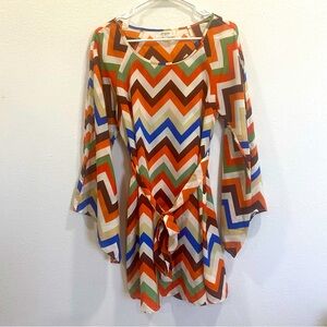UMGEE Womens Size Medium Boho Geometric Print Dress Tie Waist Split Sleeves